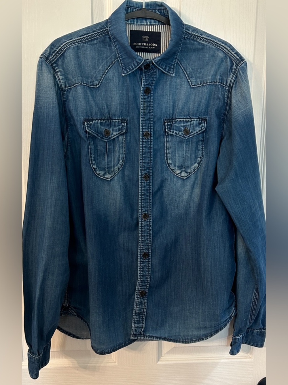 Scotch & Soda Indigo Denim Western Shirt Mens M Distressed EUC